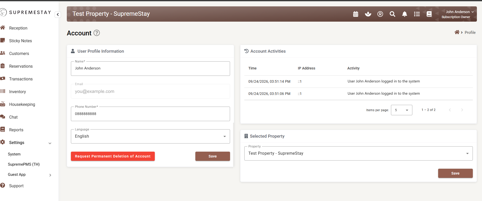 The Account page: User Profile Information on the left, Account Activities and Selected Property on the right