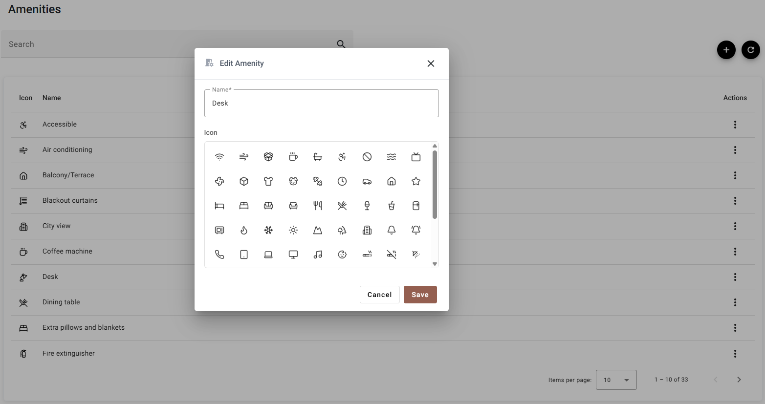 The Edit Amenity dialog with a name field and a grid of icons to choose from