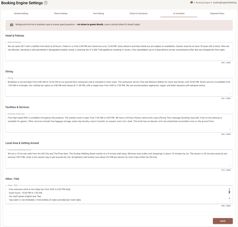 The AI Assistant tab with five text areas and a character counter under each