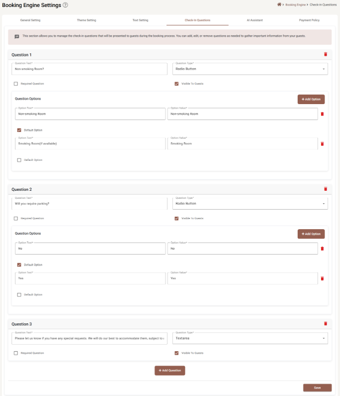 Three question cards, two radio button questions with options and one textarea question