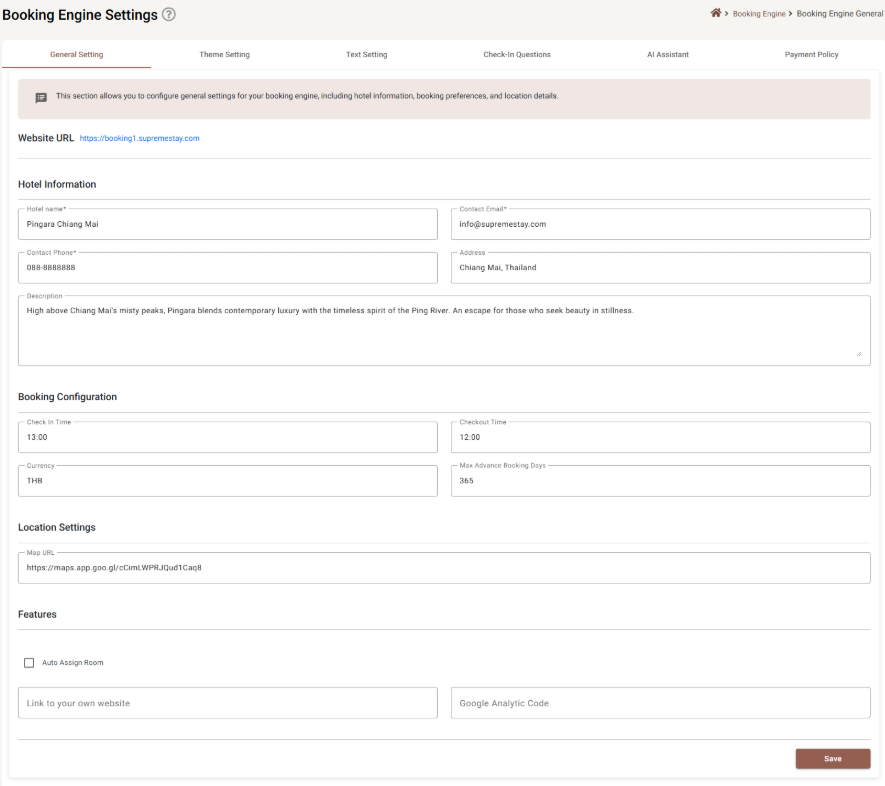 The General Setting tab showing Website URL, Hotel Information, Booking Configuration, Location Settings and Features