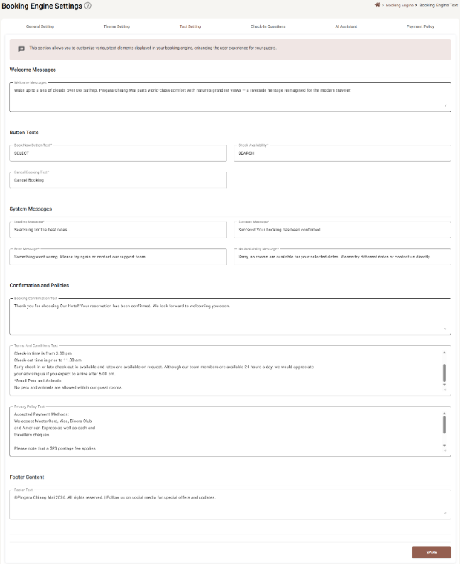 The Text Setting tab with the Welcome Messages, Button Texts, System Messages, Confirmation and Policies and Footer Content sections