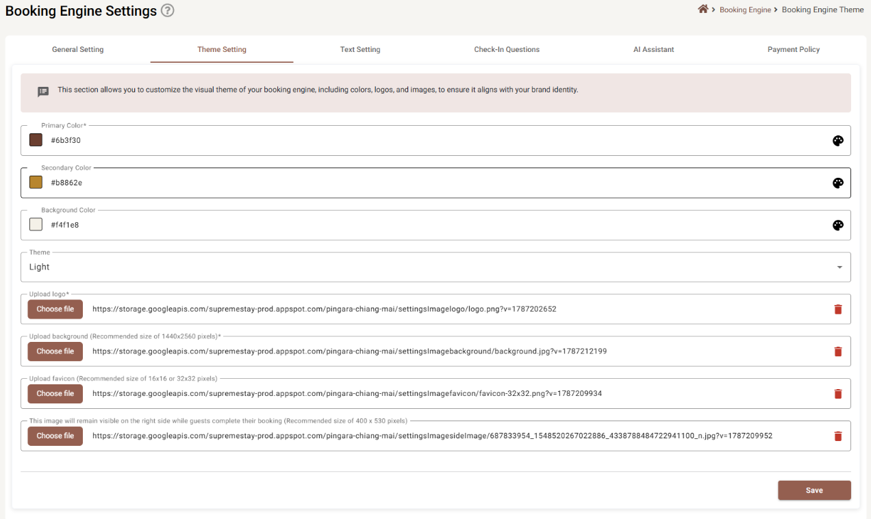 The Theme Setting tab with three colour fields, a Theme selector and four file upload rows