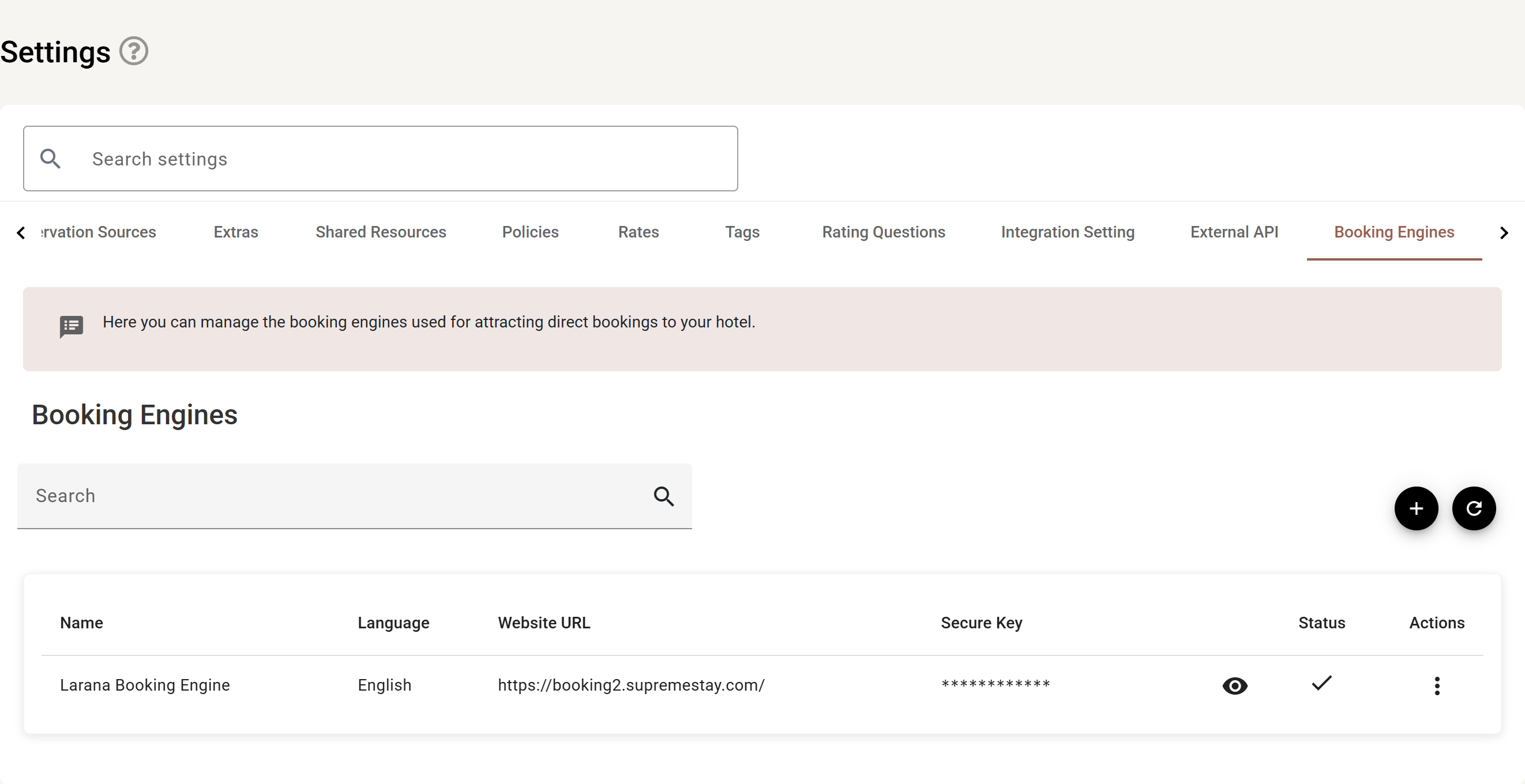Settings → Booking engine: the list of engines for this property.