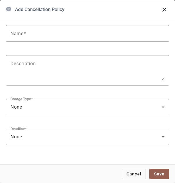 The Add Cancellation Policy dialog with Charge Type None and Deadline None, and no Charge Amount field