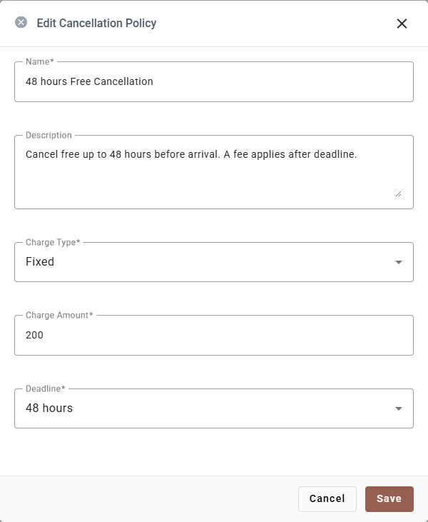 The Edit Cancellation Policy dialog showing Name, Description, Charge Type set to Fixed, Charge Amount and Deadline