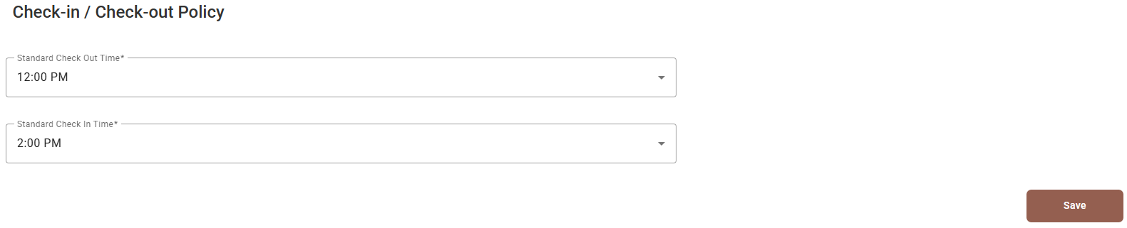 The Check-in / Check-out Policy screen with Standard Check Out Time and Standard Check In Time
