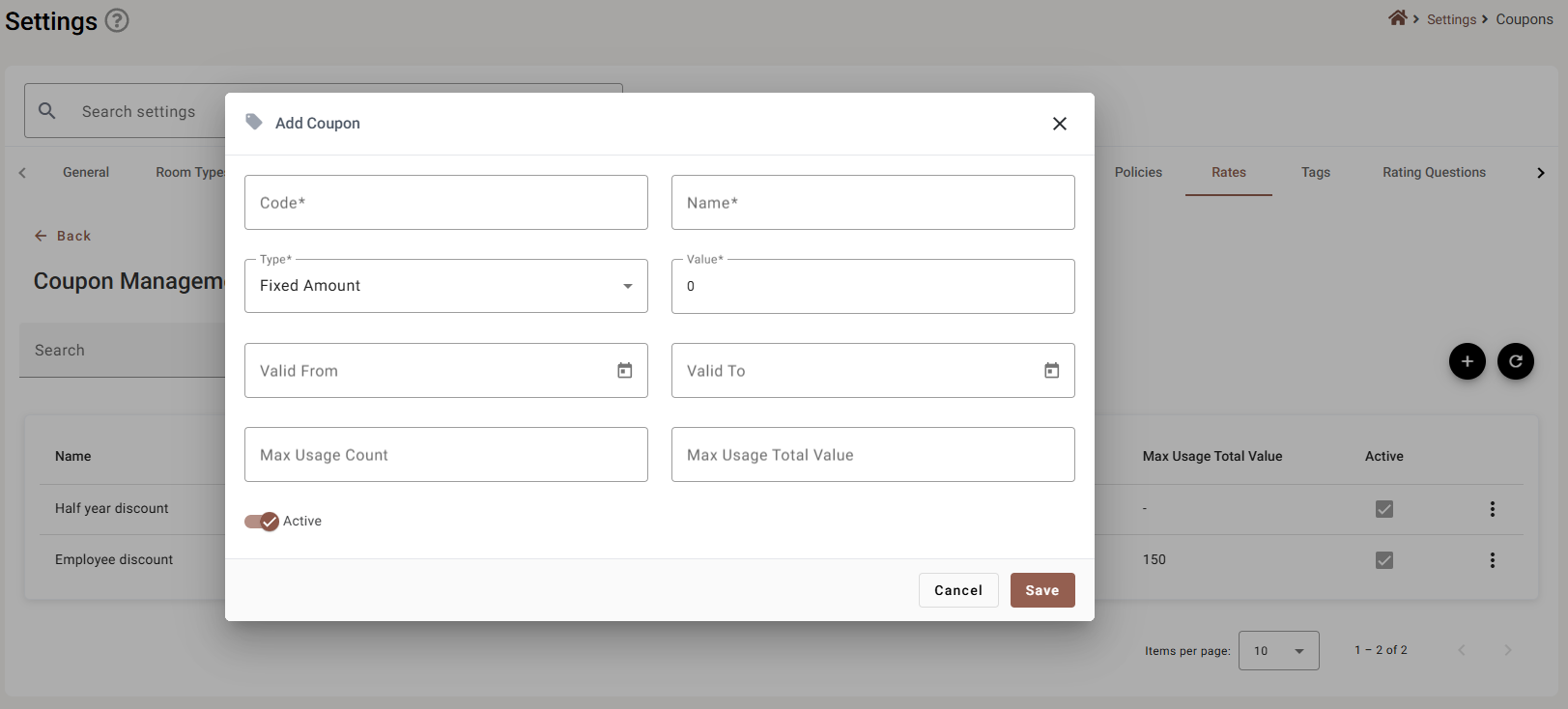 The Add Coupon dialog, empty, with type defaulting to Fixed Amount