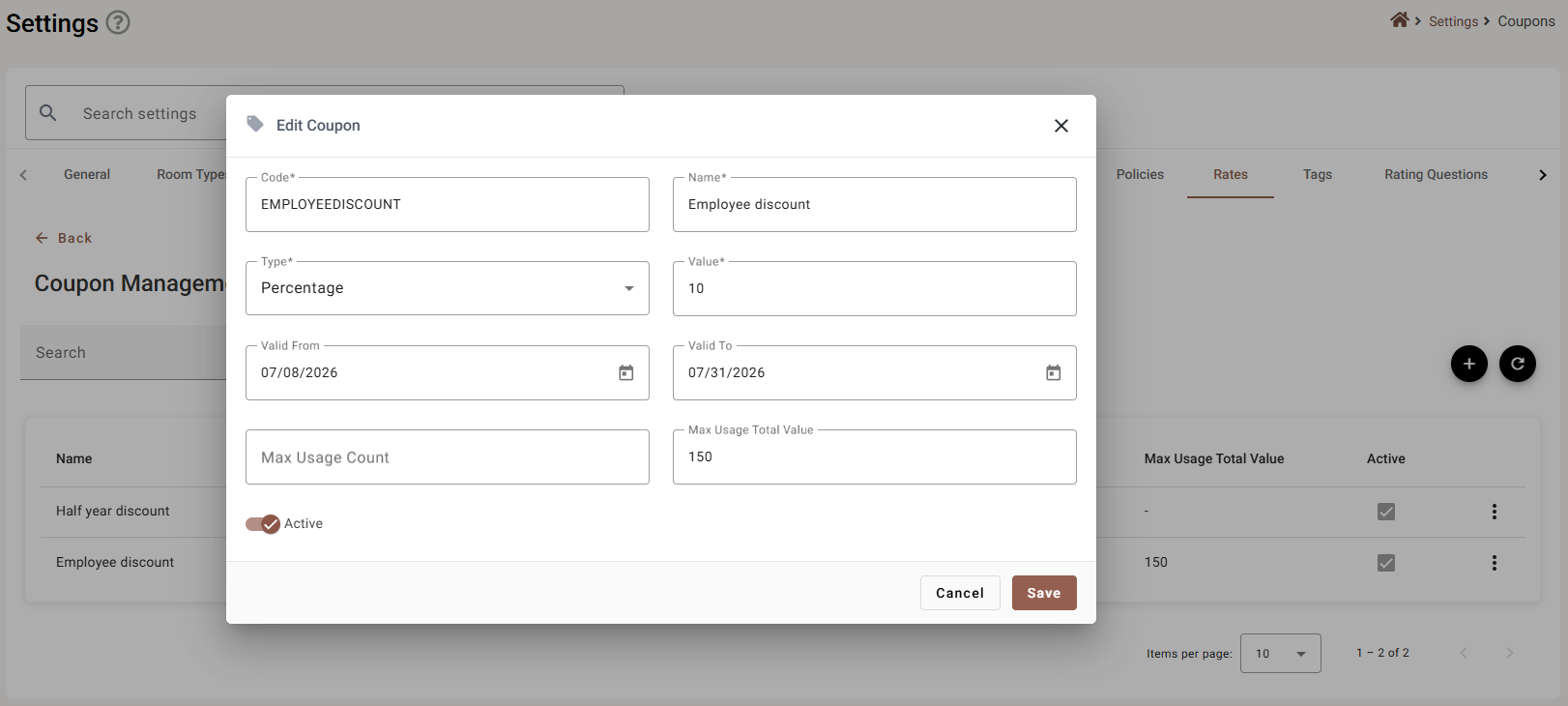 The Edit Coupon dialog for a percentage coupon with an end date and a total value cap