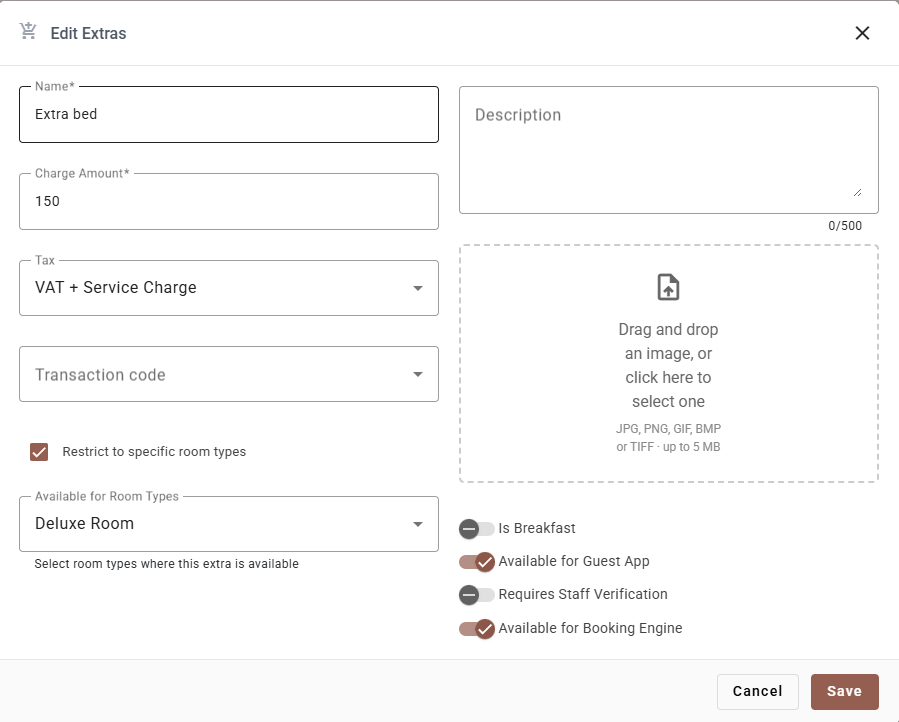 The Edit Extras dialog with price and tax on the left, description, image and toggles on the right