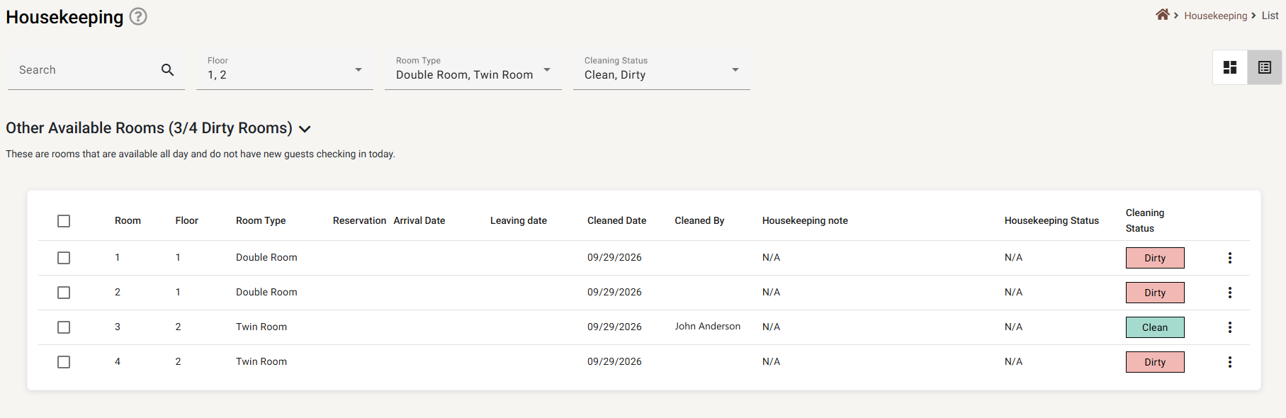 The Housekeeping list view with its filters and one section of rooms