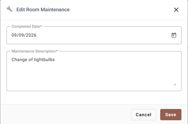 The Edit Room Maintenance dialog with a Completed Date field and a Maintenance Description box