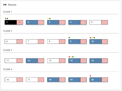 The room board with rooms grouped by floor, showing occupied, vacant and selected rooms