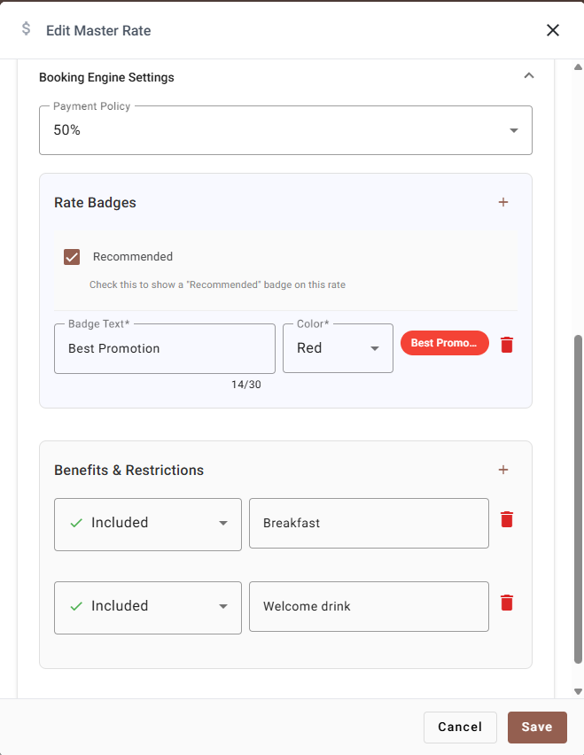Booking Engine Settings expanded, showing payment policy, rate badges and benefits