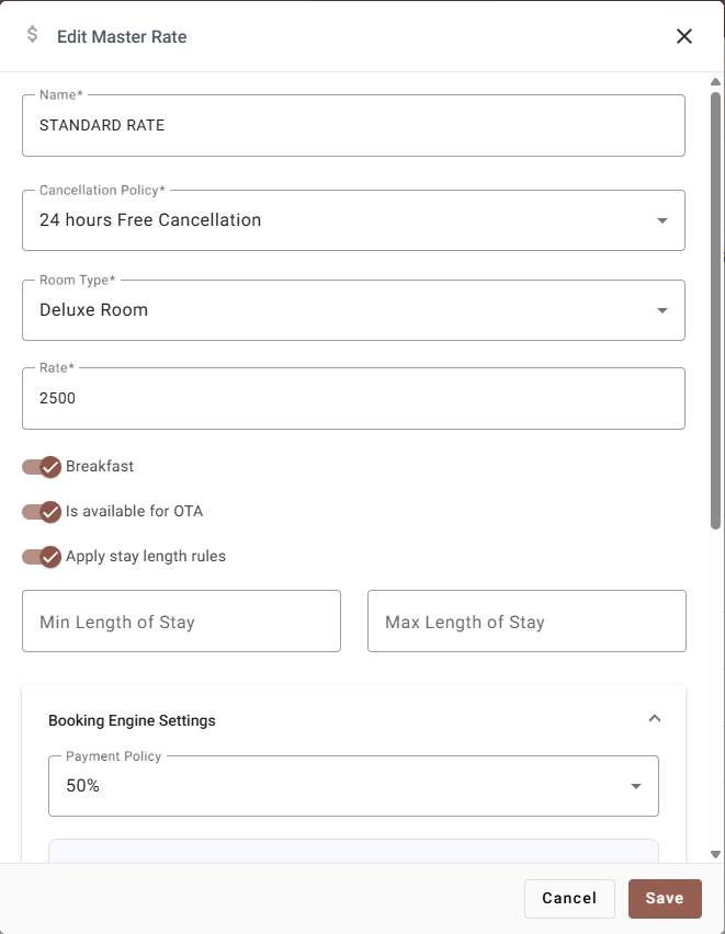 The Edit Master Rate dialog with name, policy, room type, price and toggles
