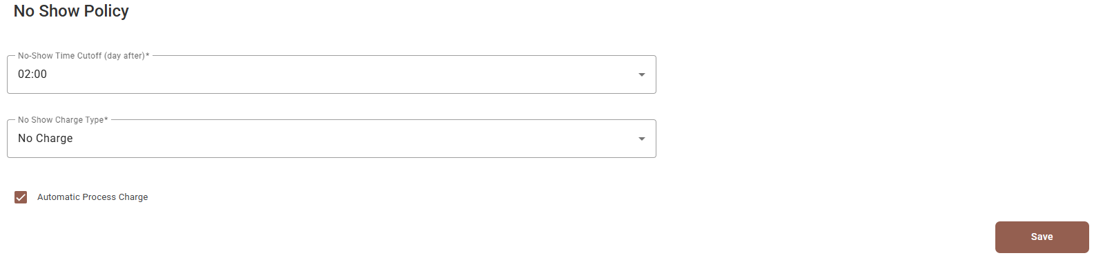 The No Show Policy screen with a time cutoff, a charge type and an automatic process charge checkbox