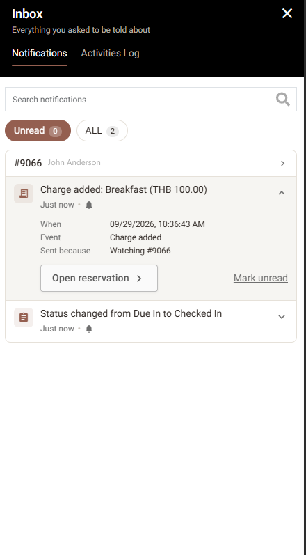 An expanded notification showing When, Event, Sent because, an Open reservation button and Mark unread