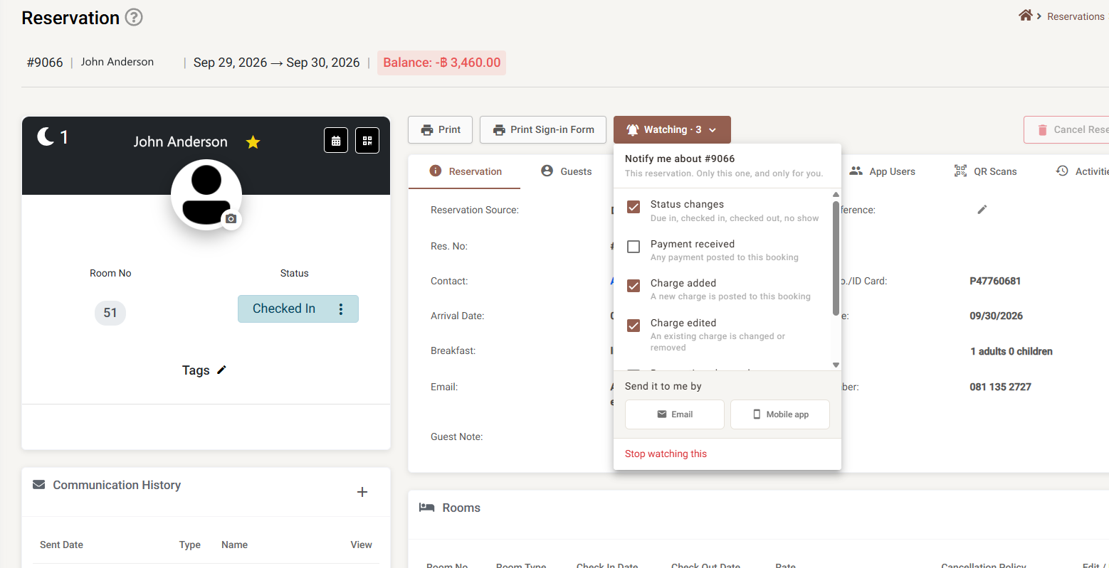 A reservation with the Watching panel open, showing event checkboxes and the Send it to me by row