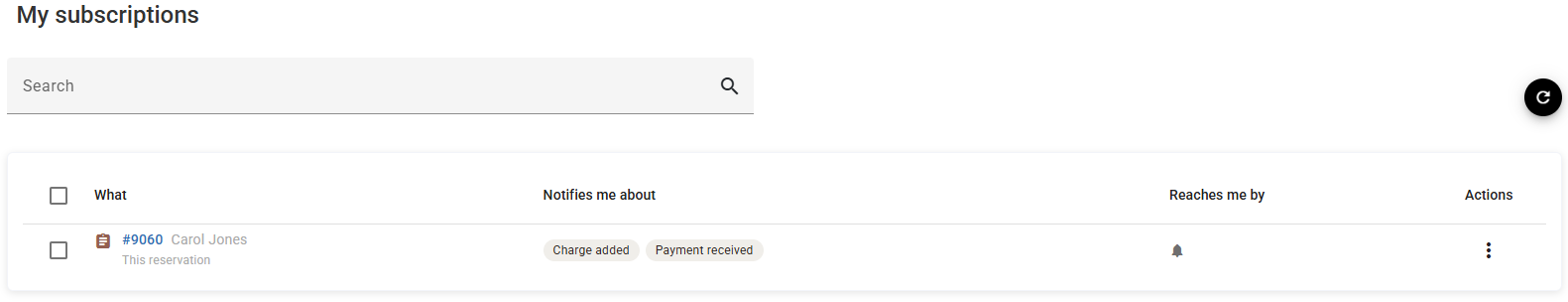 The My subscriptions list with one reservation being watched for two events