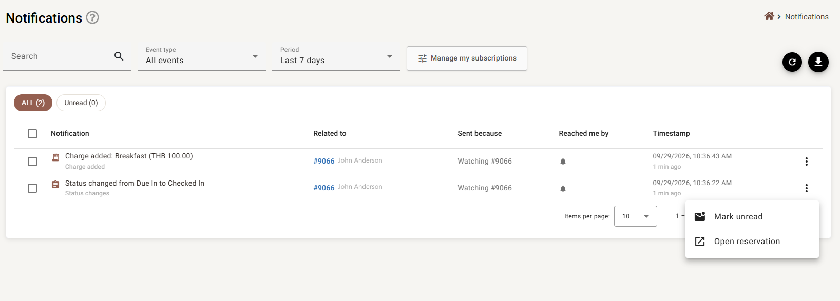 The Notifications page with search, event type and period filters, and a table of notifications