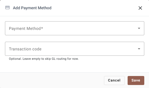 The Add Payment Method dialog with a type dropdown and an optional transaction code