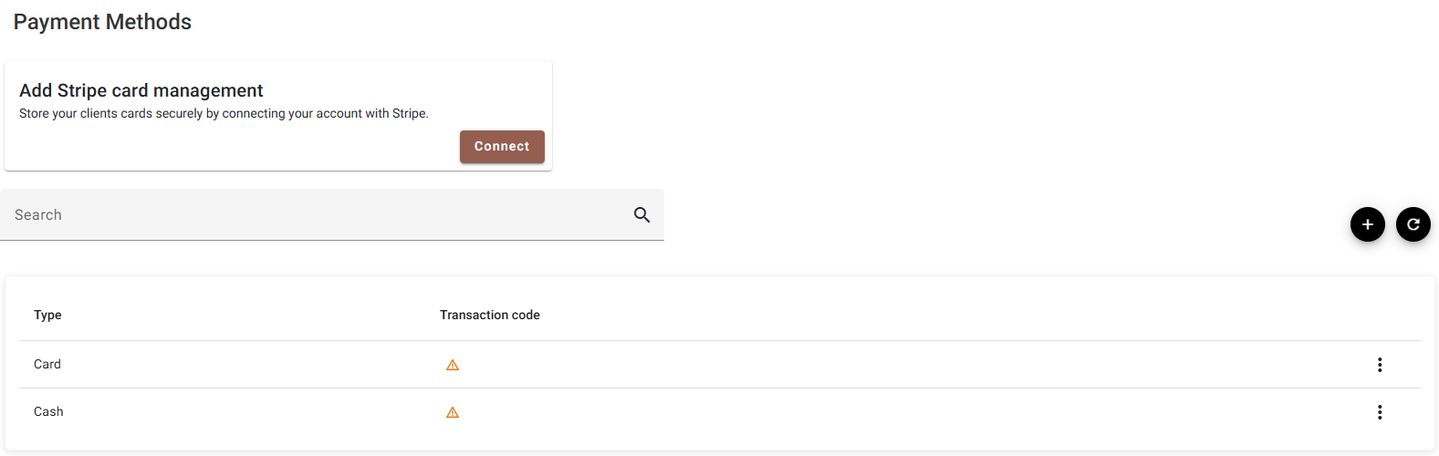 The Payment Methods page with the Stripe card above the list of methods