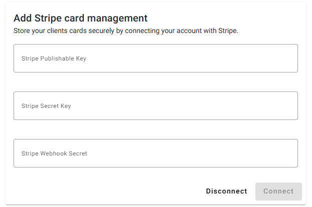 The Stripe card expanded, with fields for the publishable key, secret key and webhook secret