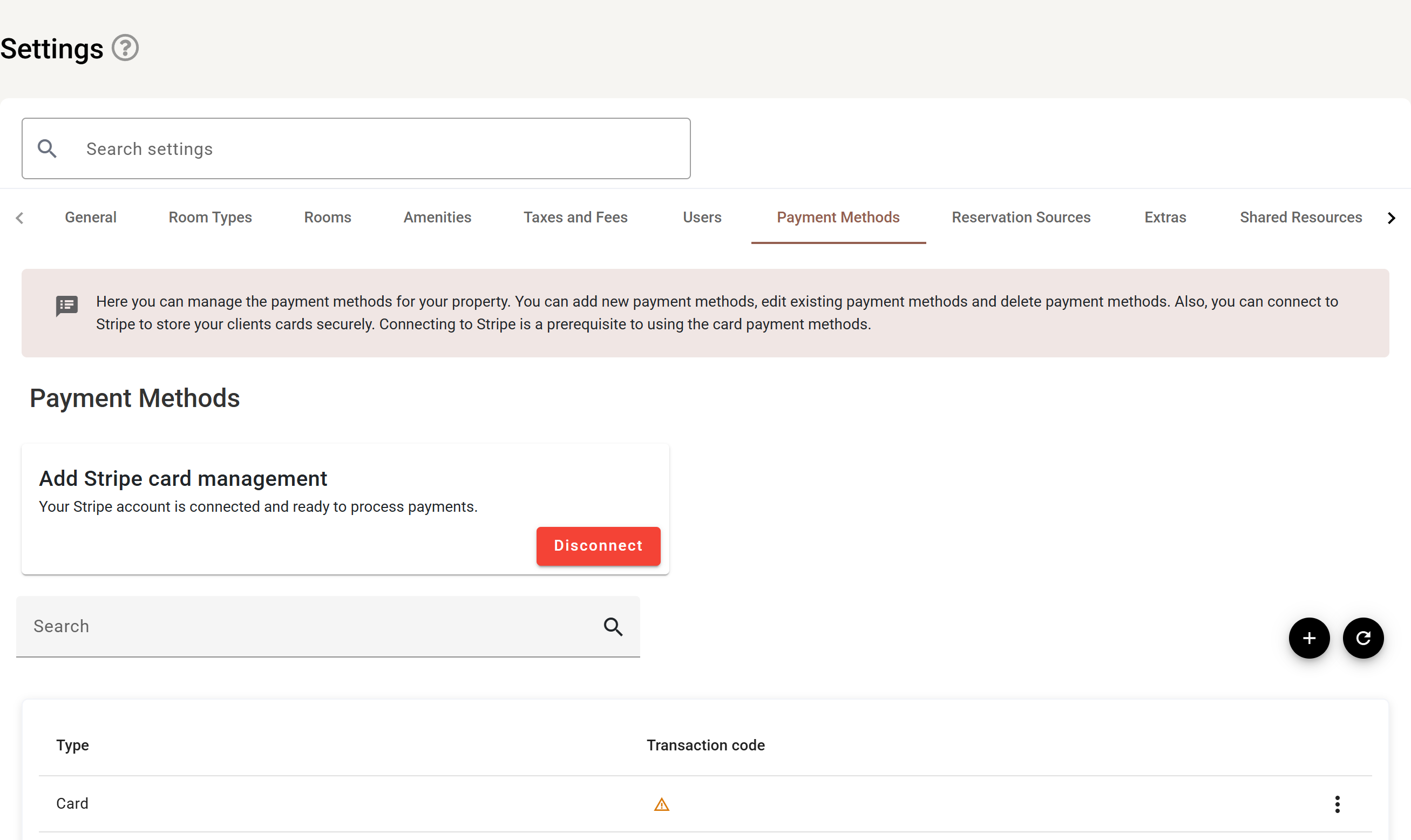 Settings → Payment methods, with Stripe connected.