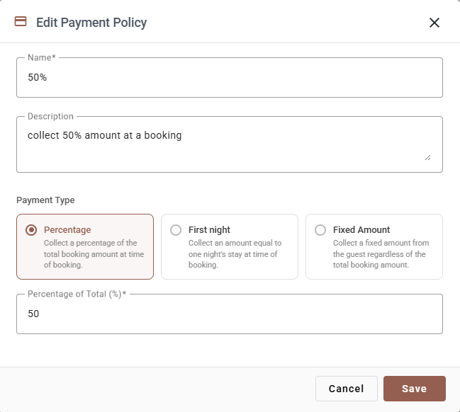 The Edit Payment Policy dialog with Name, Description, three payment type cards and a percentage field