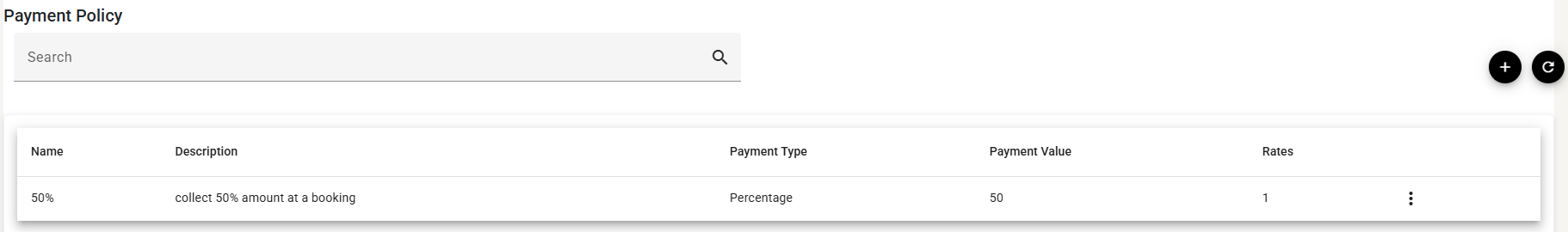The Payment Policy list under Settings, showing Name, Description, Payment Type, Payment Value and a Rates count