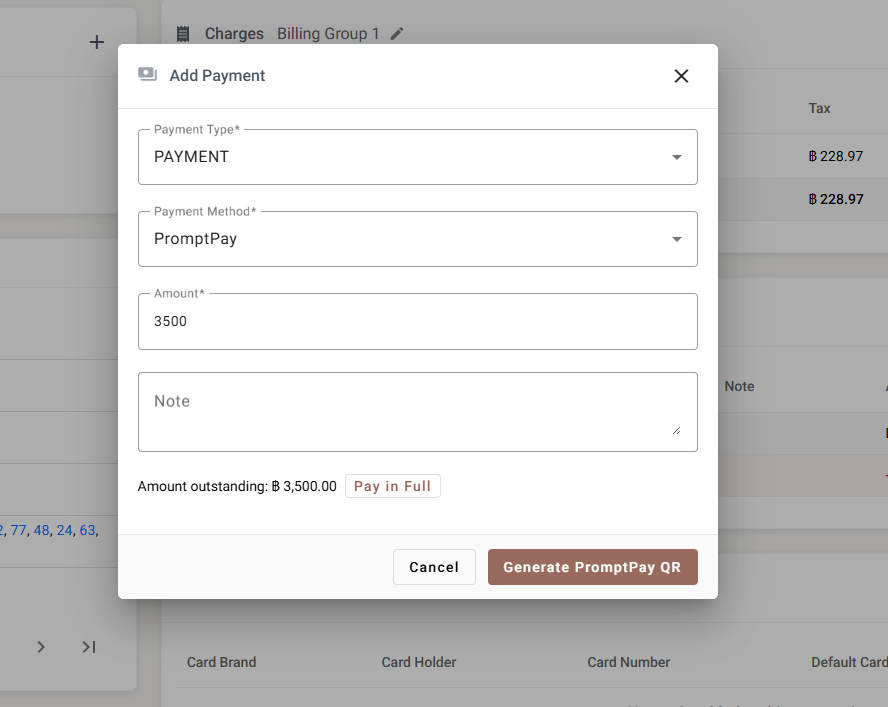 The Add Payment dialog with PromptPay chosen and a Generate PromptPay QR button