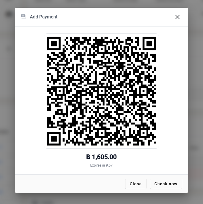 A PromptPay QR code with the amount beneath it and a countdown to expiry
