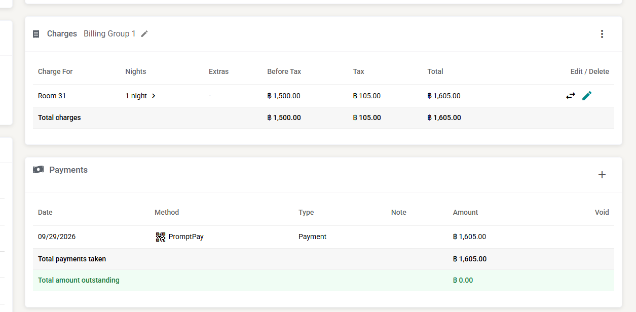 A reservation's Charges and Payments panels, with a PromptPay payment and a zero balance
