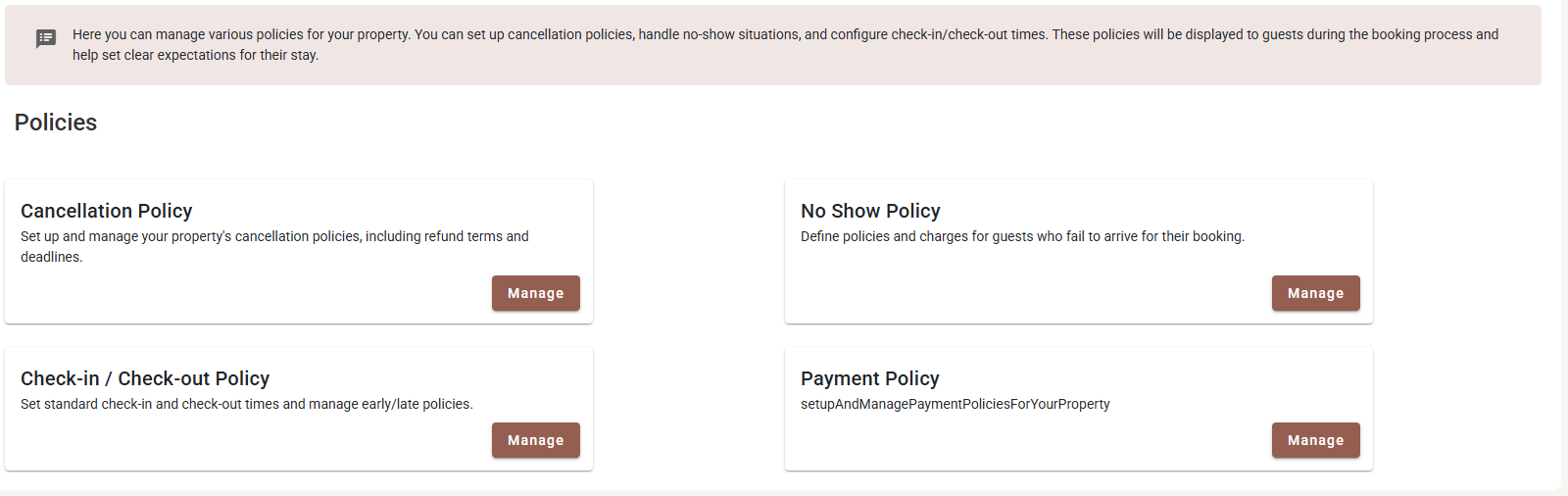 The Policies page with four cards: Cancellation Policy, No Show Policy, Check-in / Check-out Policy and Payment Policy