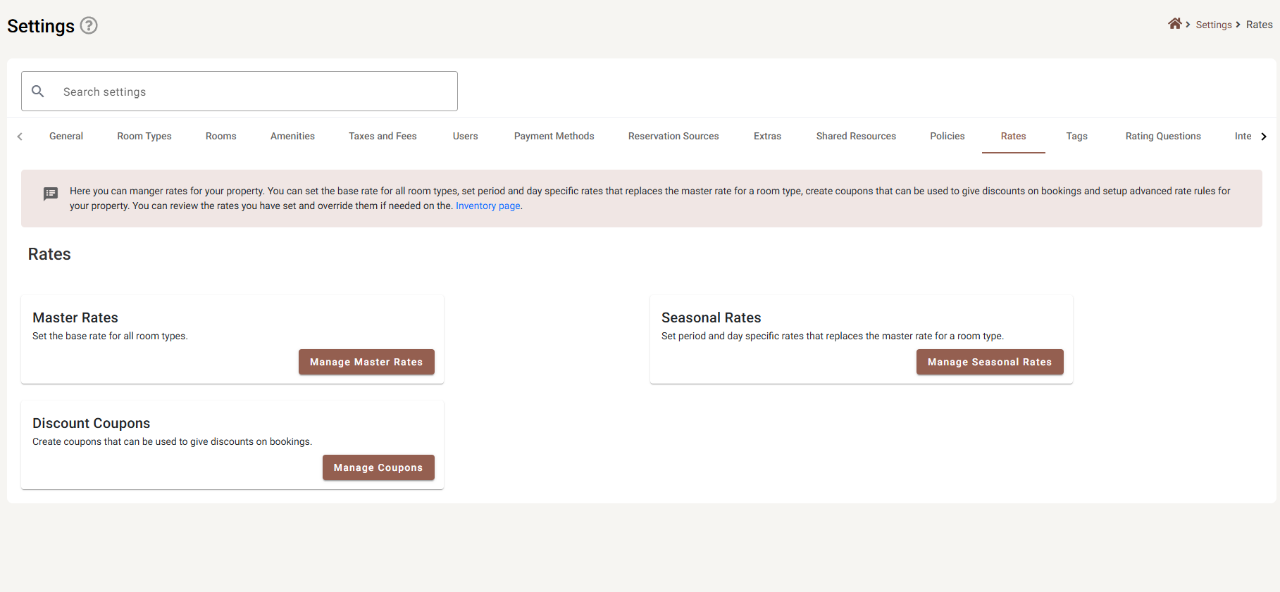 The Rates page with cards for Master Rates, Seasonal Rates and Discount Coupons