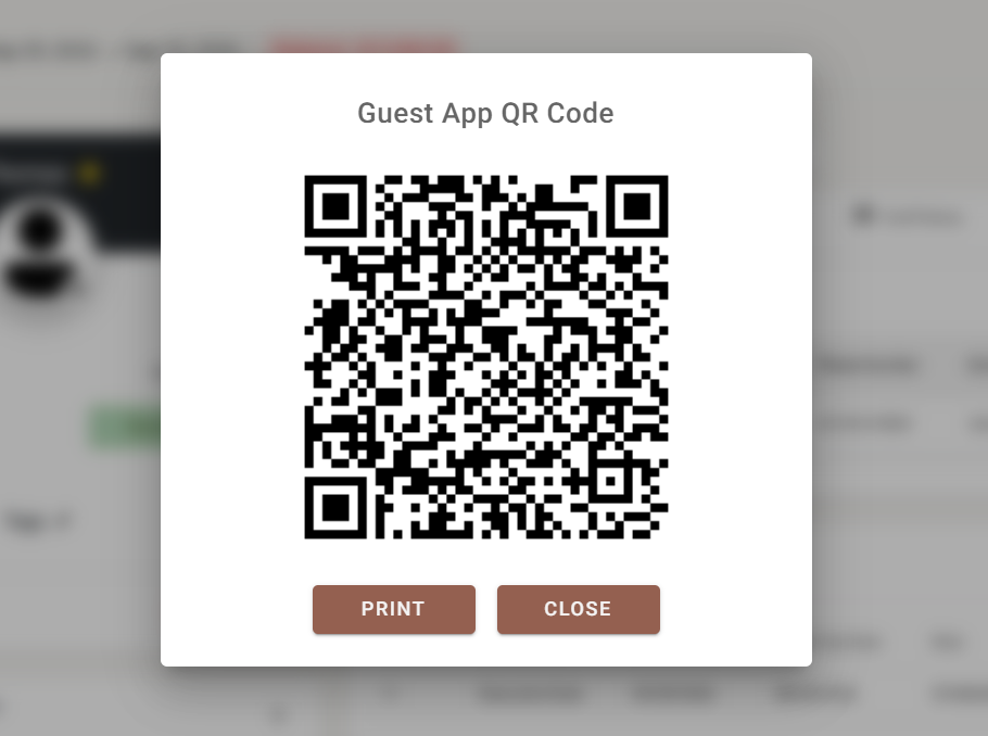 The Guest App QR Code dialog, with Print and Close buttons