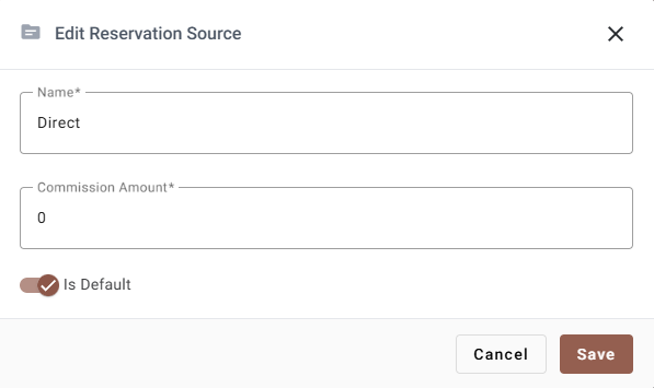 The Edit Reservation Source dialog with name, commission amount and the Is Default toggle