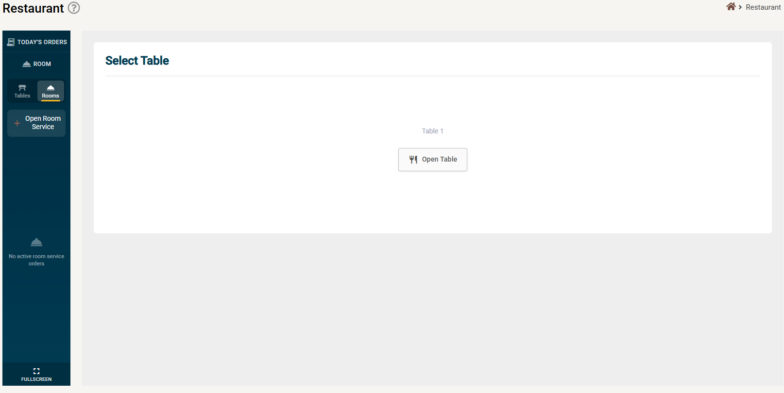 The sidebar switched to Rooms, showing an Open Room Service button and an empty state