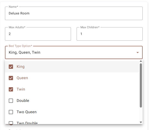 The Bed Type Option dropdown open, with King, Queen and Twin ticked