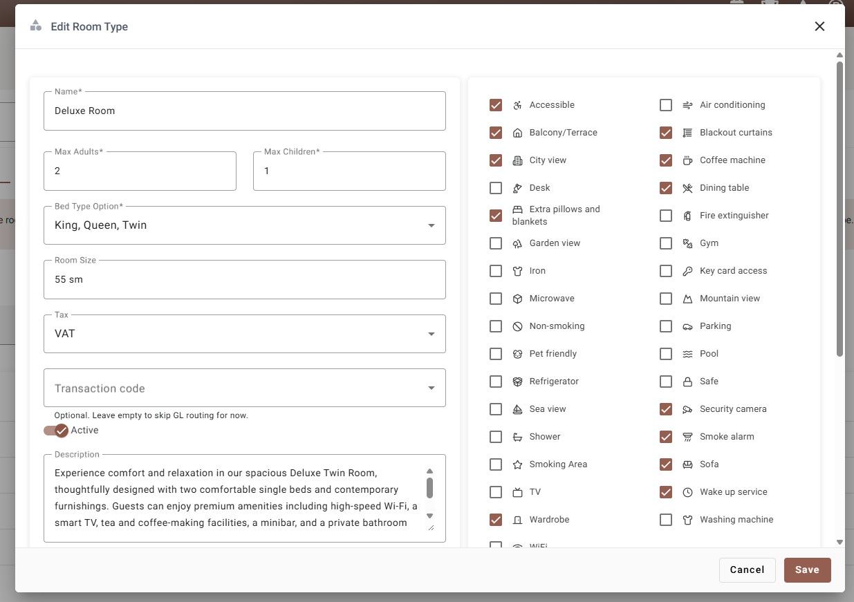 The Edit Room Type dialog: details on the left, amenities on the right