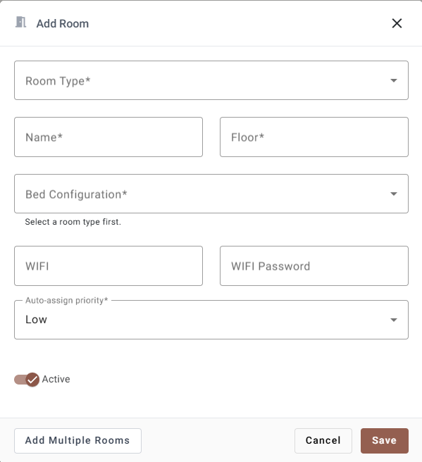 The Add Room dialog with the Add Multiple Rooms button at the bottom left