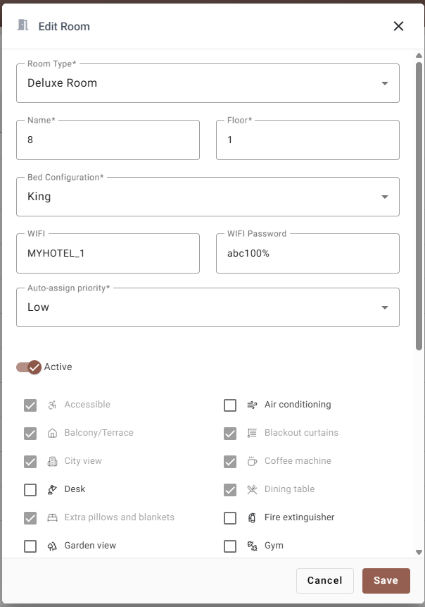 The Edit Room dialog with room type, name, floor, bed configuration, Wi-Fi and priority