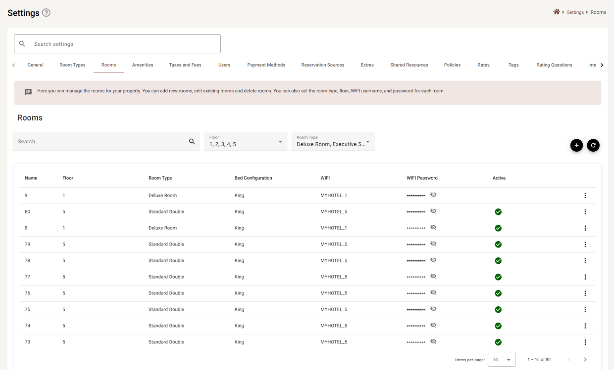 The Rooms list with its search, floor and room type filters, and the table of rooms