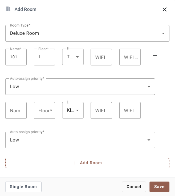 The dialog in multi-room mode, with a row per room and an Add Room button