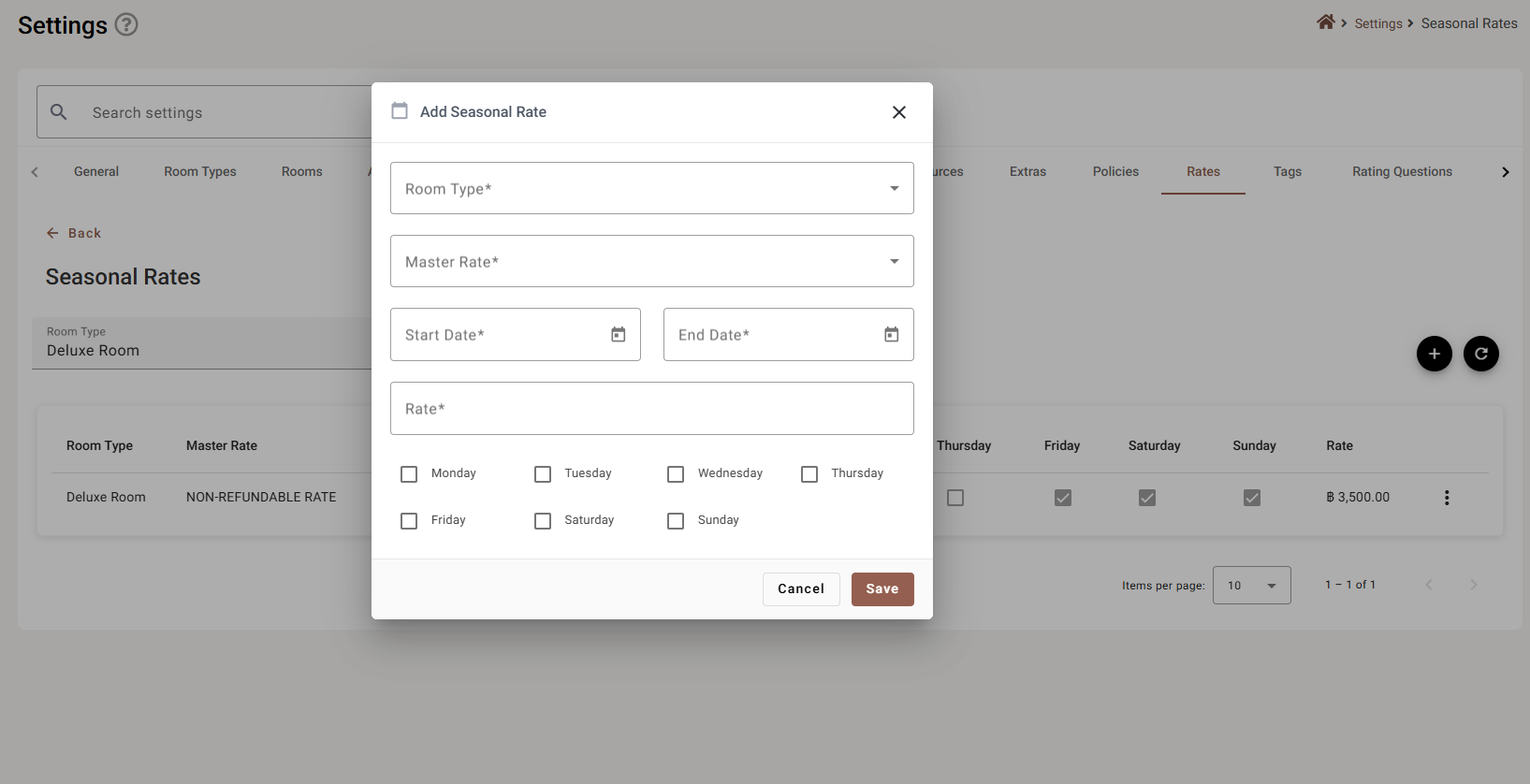 The Add Seasonal Rate dialog, empty, with room type, master rate, dates, rate and weekday boxes
