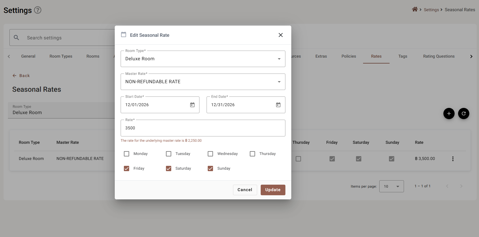 The Edit Seasonal Rate dialog showing the underlying master rate below the price field