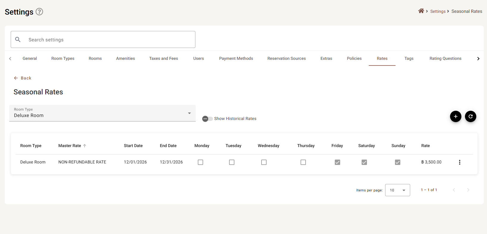 The Seasonal Rates list with a date range, weekday ticks and the overriding price