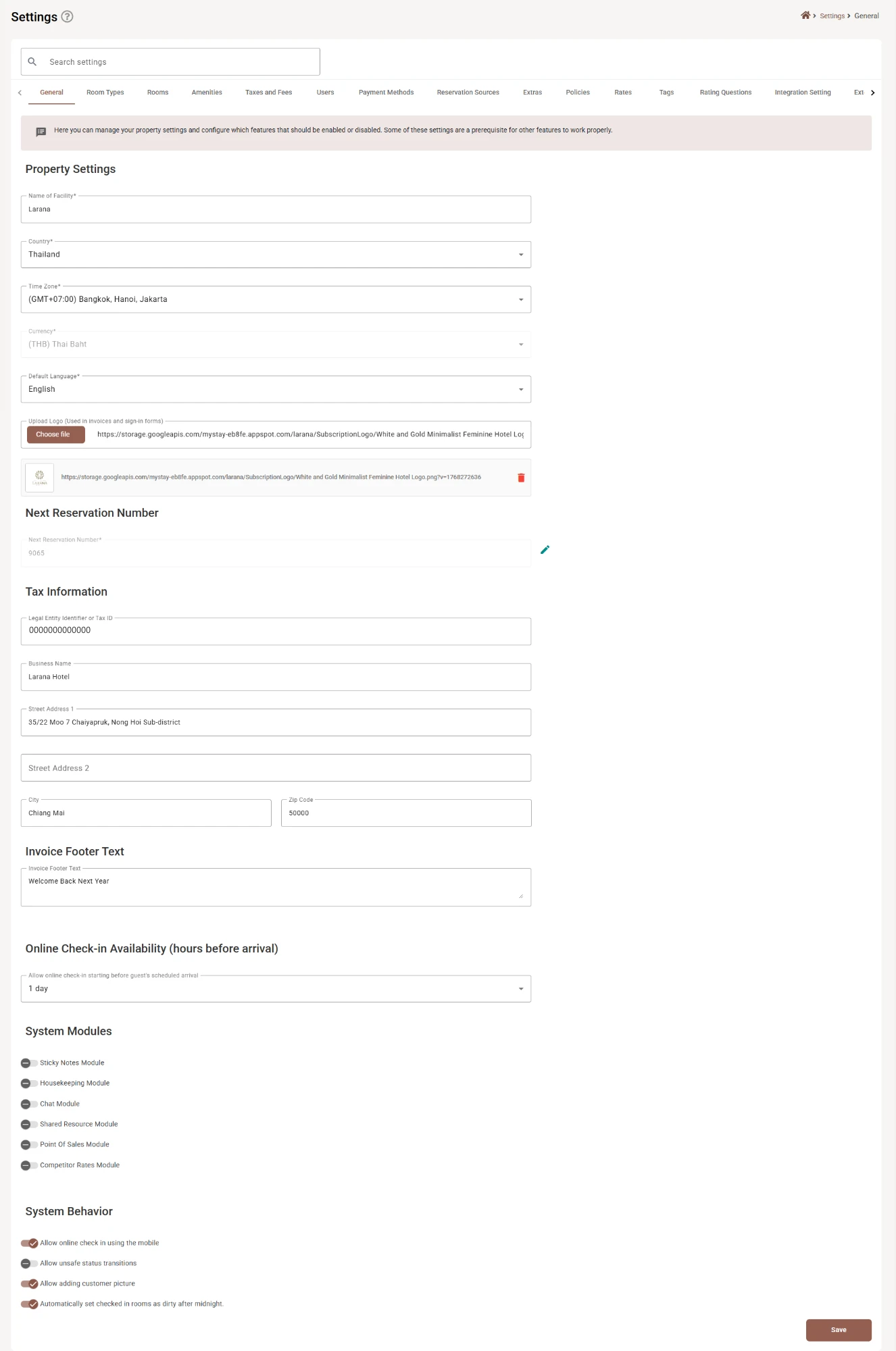 The General settings page showing Property Settings, Next Reservation Number, Tax Information, Invoice Footer Text, Online Check-in Availability, System Modules and System Behavior