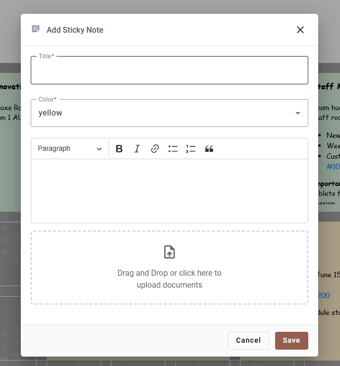 The Add Sticky Note dialog with Title, Color, a rich text editor and a file drop zone