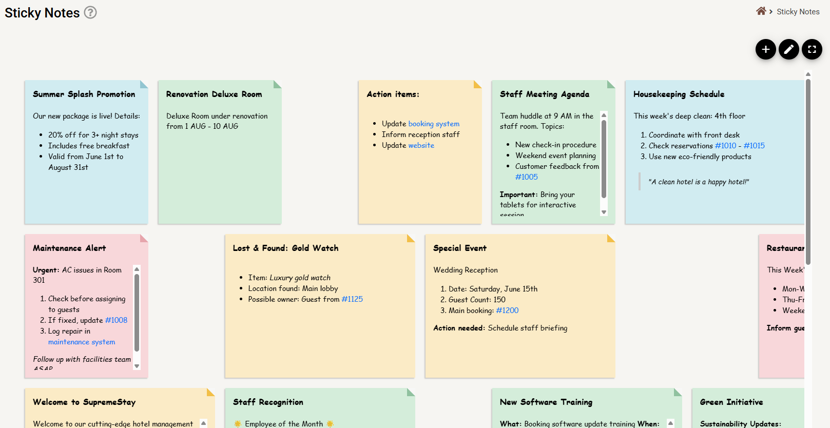 The Sticky Notes board showing coloured notes laid out in a grid